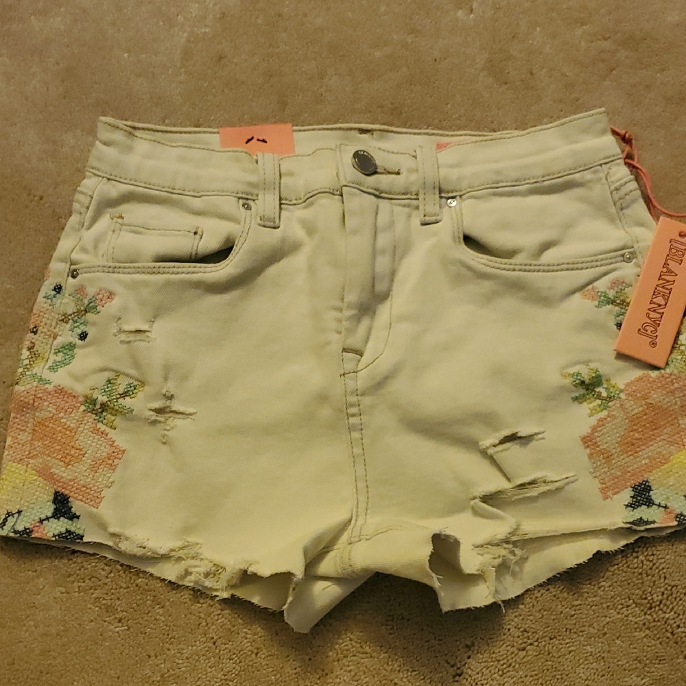 Blank NYC Cream Jean Shorts Distressed Cut-Off Style